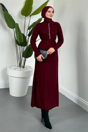 Niosette İnci Düğme Örgülü Triko Elbise Bordo