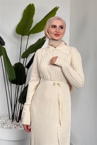 Niosette İnci Düğme Örgülü Triko Elbise Krem