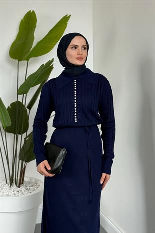Niosette İnci Düğme Örgülü Triko Elbise Lacivert