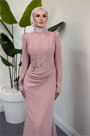 Nobella Taşlı Drapeli Abiye Pudra 