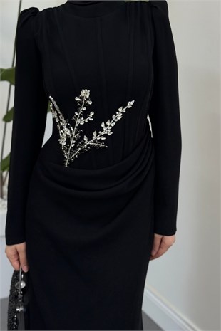 Nobella Taşlı Drapeli Abiye Siyah 