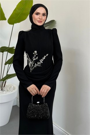 Nobella Taşlı Drapeli Abiye Siyah 
