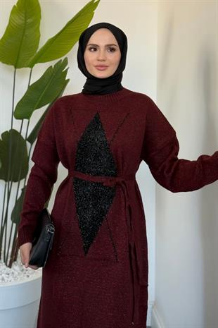 Nobile Yıldız Simli Triko Elbise Bordo