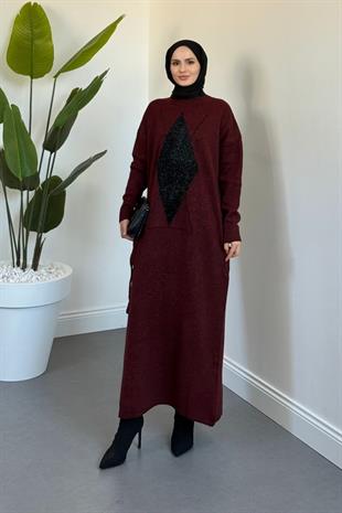 Nobile Yıldız Simli Triko Elbise Bordo