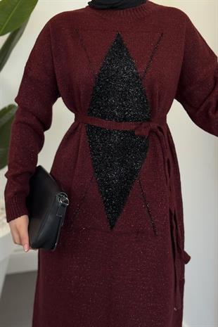 Nobile Yıldız Simli Triko Elbise Bordo