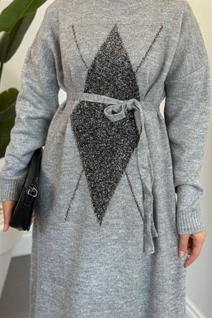 Nobile Yıldız Simli Triko Elbise Gri