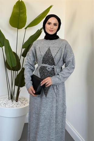 Nobile Yıldız Simli Triko Elbise Gri