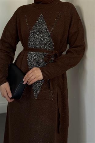 Nobile Yıldız Simli Triko Elbise Kahverengi