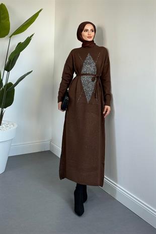 Nobile Yıldız Simli Triko Elbise Kahverengi
