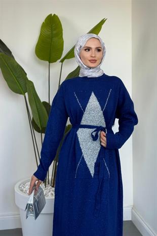 Nobile Yıldız Simli Triko Elbise Sax