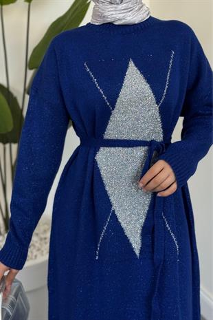 Nobile Yıldız Simli Triko Elbise Sax