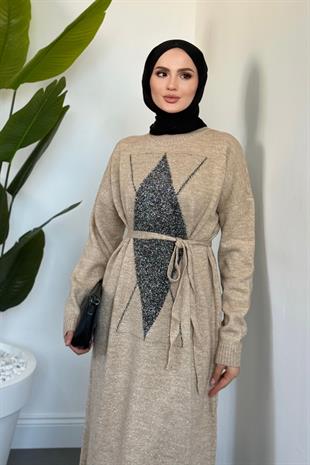 Nobile Yıldız Simli Triko Elbise Sütlü Kahve