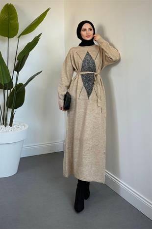 Nobile Yıldız Simli Triko Elbise Sütlü Kahve