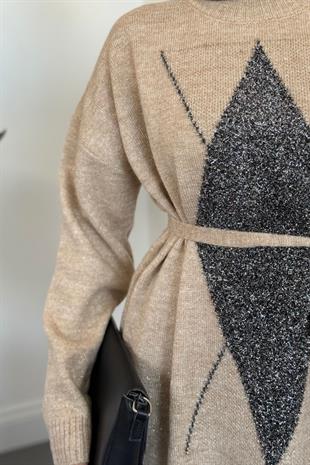 Nobile Yıldız Simli Triko Elbise Sütlü Kahve