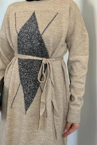 Nobile Yıldız Simli Triko Elbise Sütlü Kahve