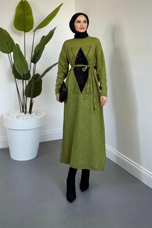 Nobile Yıldız Simli Triko Elbise Yağ Yeşili