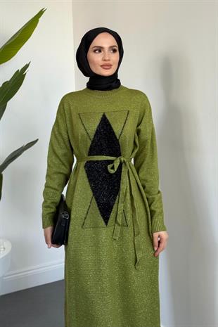 Nobile Yıldız Simli Triko Elbise Yağ Yeşili
