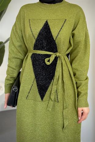 Nobile Yıldız Simli Triko Elbise Yağ Yeşili