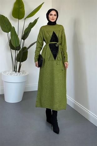 Nobile Yıldız Simli Triko Elbise Yağ Yeşili