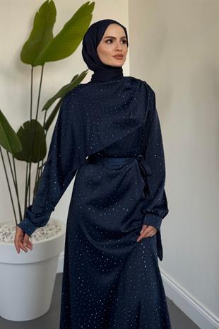 Noelle Taşlı Tek Omzu Pelerinli Abiye Lacivert