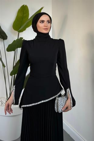 Noirelle Altı Pliseli Asimetrik Kesim Abiye Siyah