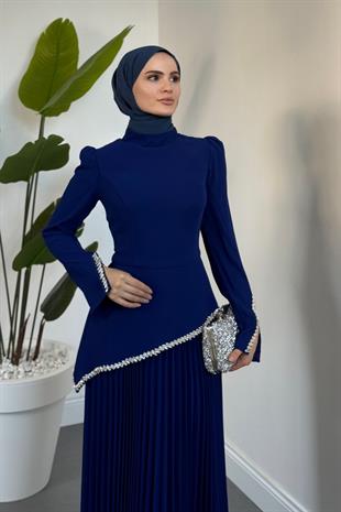 Noirelle Altı Pliseli Asimetrik Kesim Abiye Sax