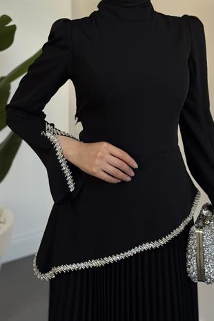 Noirelle Altı Pliseli Asimetrik Kesim Abiye Siyah