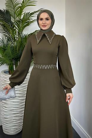 Nomi Yakası Taşlı Mevlana Kesim Abiye Kına Yeşili