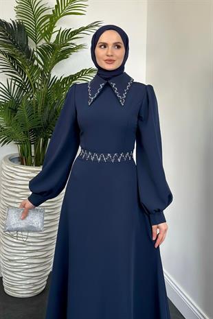 Nomi Yakası Taşlı Mevlana Kesim Abiye Lacivert