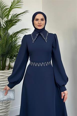 Nomi Yakası Taşlı Mevlana Kesim Abiye Lacivert