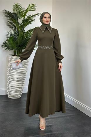 Nomi Yakası Taşlı Mevlana Kesim Abiye Kına Yeşili