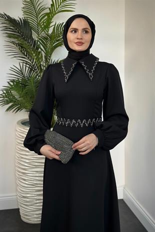 Nomi Yakası Taşlı Mevlana Kesim Abiye Siyah