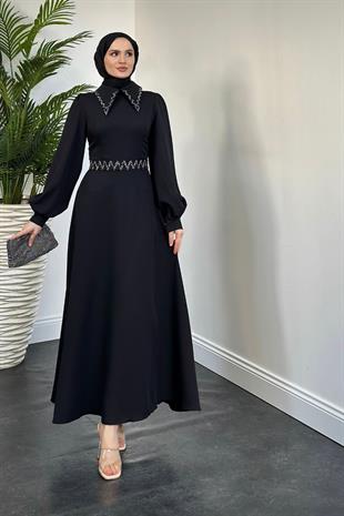 Nomi Yakası Taşlı Mevlana Kesim Abiye Siyah