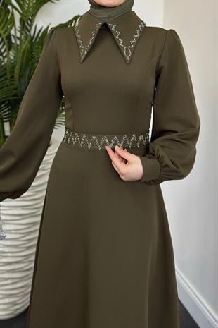 Nomi Yakası Taşlı Mevlana Kesim Abiye Kına Yeşili