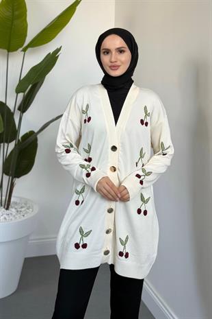 Nottee Kiraz Desen Merserize Hırka Beyaz