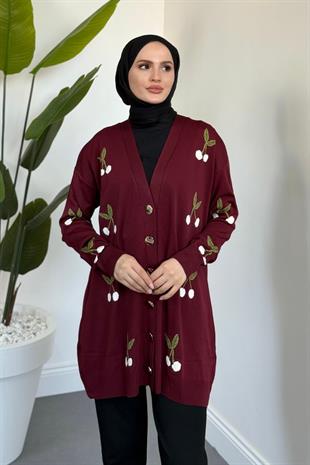 Nottee Kiraz Desen Merserize Hırka Bordo