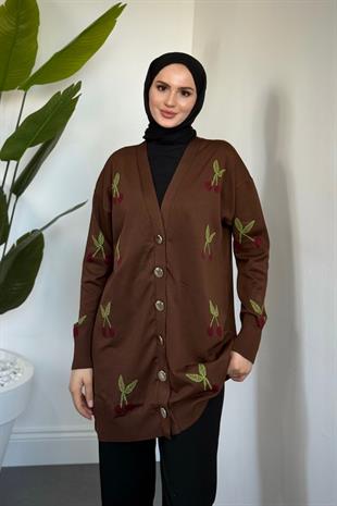 Nottee Kiraz Desen Merserize Hırka Kahverengi
