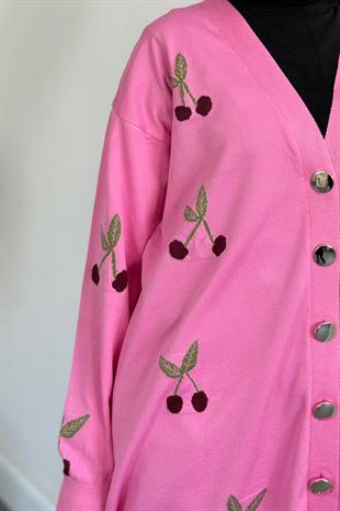 Nottee Kiraz Desen Merserize Hırka Pembe
