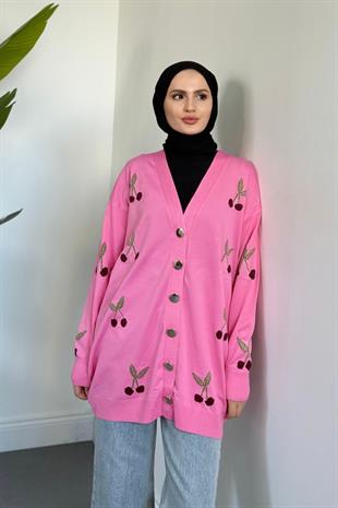 Nottee Kiraz Desen Merserize Hırka Pembe