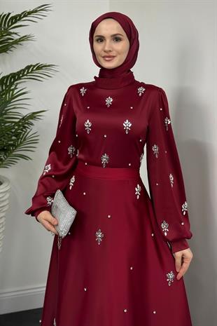 Novella Taşlı Saten Abiye Bordo