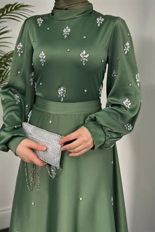 Novella Taşlı Saten Abiye Mint