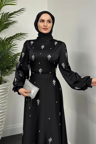 Novella Taşlı Saten Abiye Siyah
