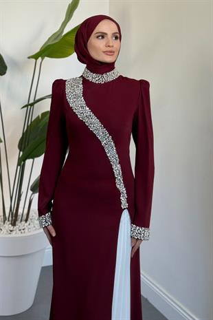Octavia Yandan Yırtmaçlı Abiye Bordo