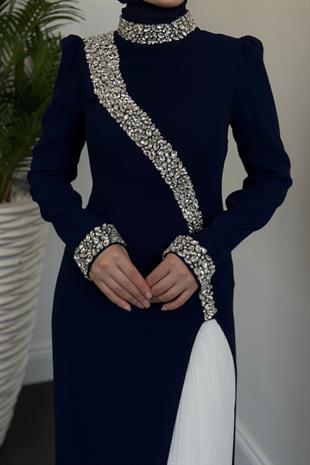 Octavia Yandan Yırtmaçlı Abiye Lacivert