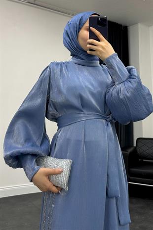 Olina Balon Kol Elbise Bebe Mavisi
