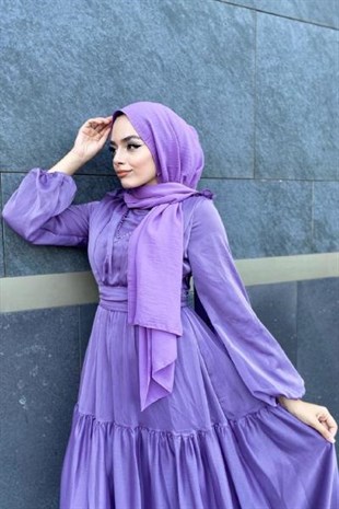 Omzu Fırfır Önü Boncuklu Abiye Lila