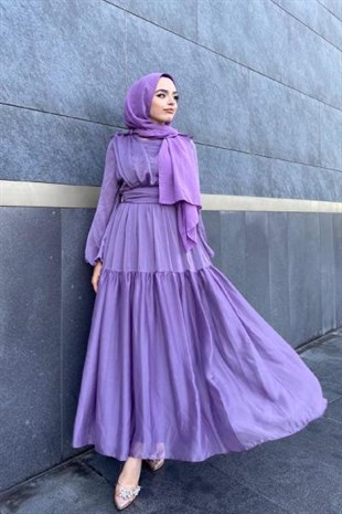 Omzu Fırfır Önü Boncuklu Abiye Lila