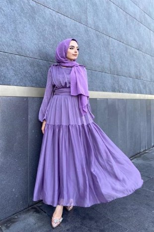 Omzu Fırfır Önü Boncuklu Abiye Lila