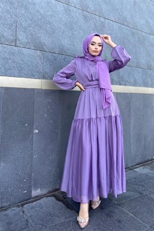 Omzu Fırfır Önü Boncuklu Abiye Lila