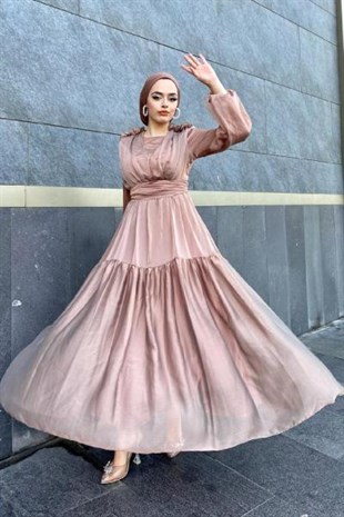 Omzu Fırfır Önü Boncuklu Abiye Vizon